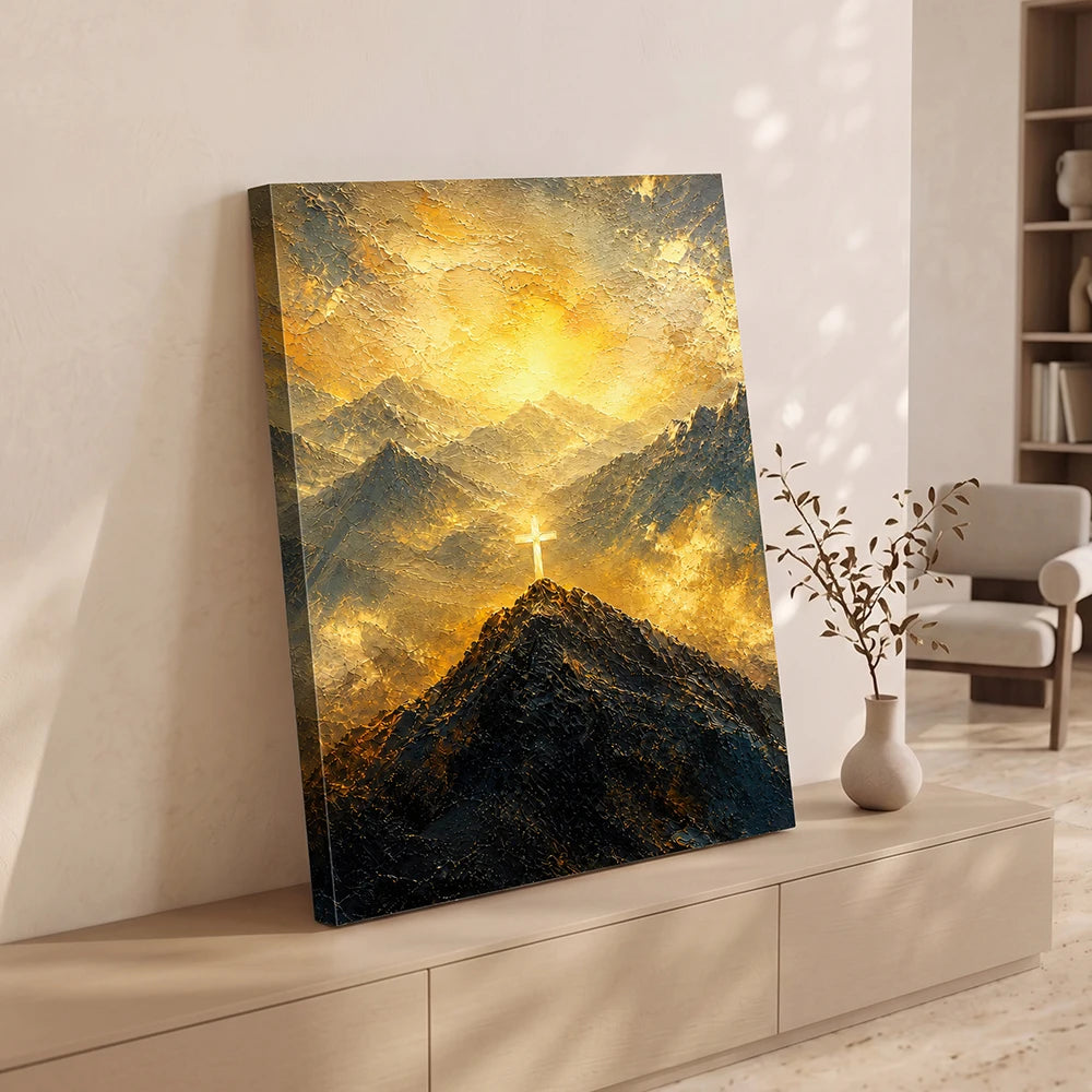 Radiant Cross Above Misty Mountain Peaks